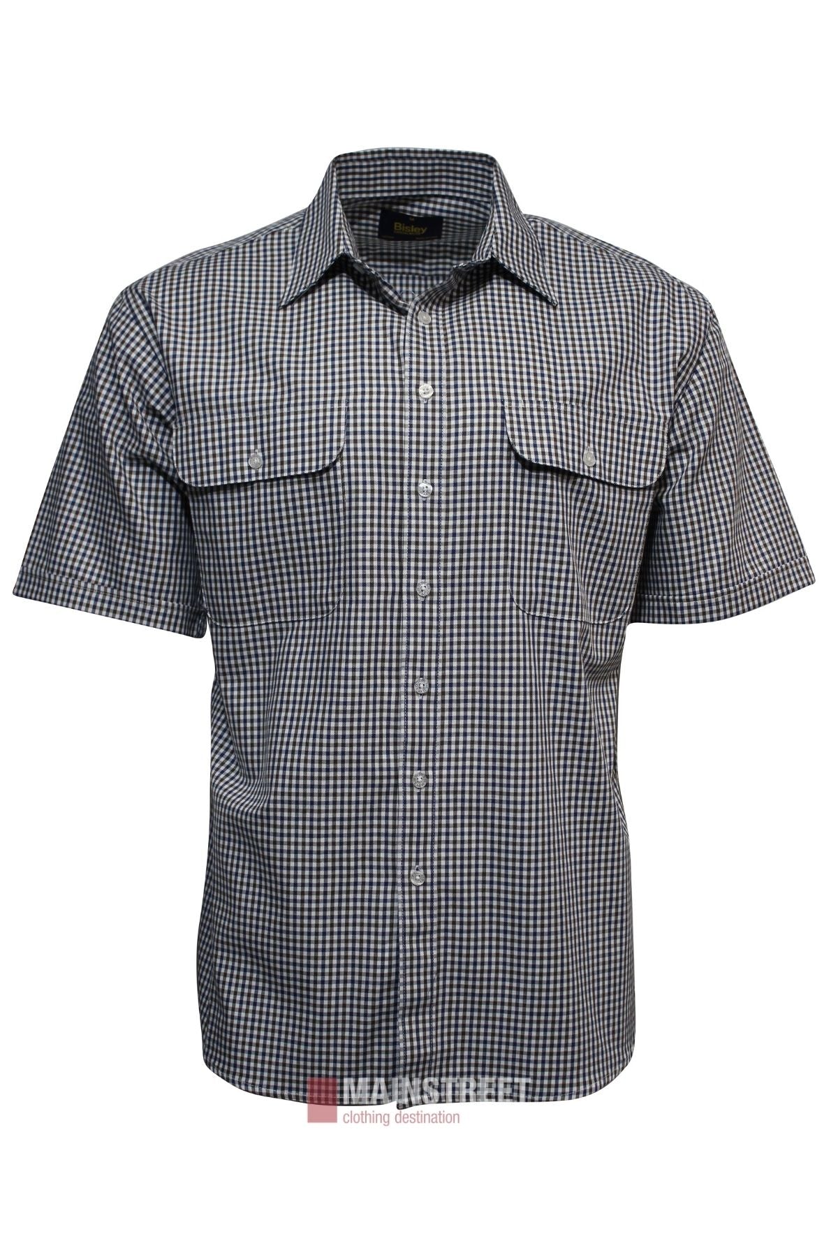 The Bisley Countryman Cotton Short Sleeve Shirt features a black and white small checkered pattern and two front chest pockets with flaps.