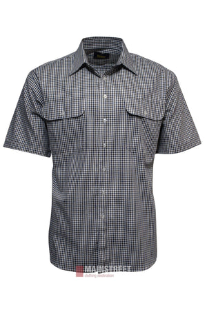 The Bisley Countryman Cotton Short Sleeve Shirt features a black and white small checkered pattern and two front chest pockets with flaps.