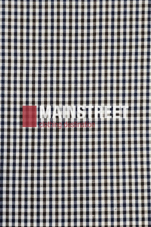 A black and white gingham checkered fabric inspired by the Bisley Countryman Cotton Short Sleeve Shirt, featuring "MAIN STREET" and "retail destination" in white and red text, plus a bold red square graphic.
