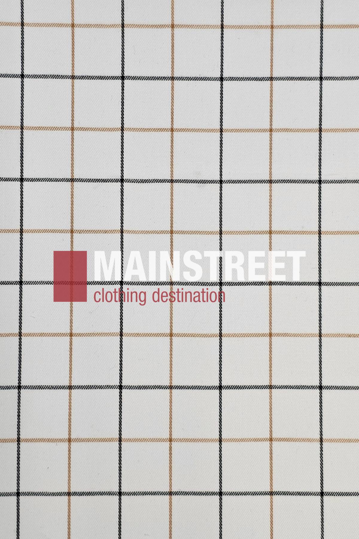 White fabric with a grid of thin black and tan lines, echoing the Bisley Countryman Cotton Short Sleeve Shirt. The MAINSTREET logo stands bold in white, "clothing destination" below in red—ideal for fans of the classic Countryman style.