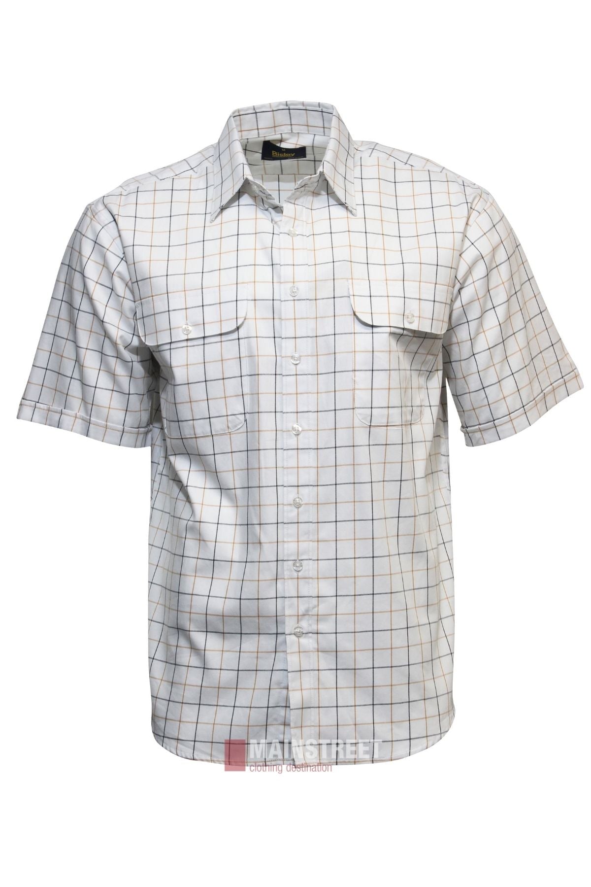 The Bisley Countryman Cotton Short Sleeve Shirt features a white base with light blue and brown checks, two chest pockets with flaps, a classic collar, and button-up front.