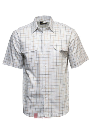 The Bisley Countryman Cotton Short Sleeve Shirt features a white base with light blue and brown checks, two chest pockets with flaps, a classic collar, and button-up front.