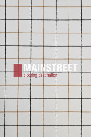 White fabric with a grid of thin black and tan lines, echoing the Bisley Countryman Cotton Short Sleeve Shirt. The MAINSTREET logo stands bold in white, "clothing destination" below in red—ideal for fans of the classic Countryman style.