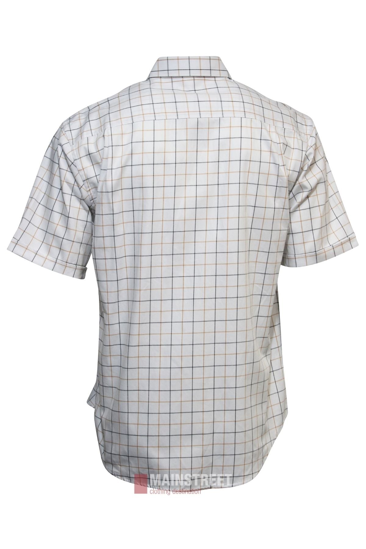 The Bisley Countryman Cotton Short Sleeve Shirt is shown from the back, featuring a light background with a thin, multicolored plaid pattern—ideal for fans of classic Countryman Shirt style.