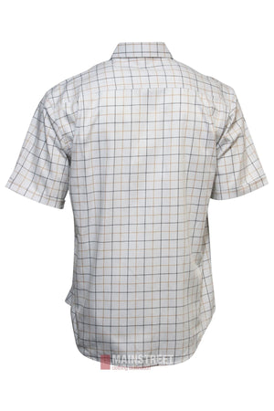 The Bisley Countryman Cotton Short Sleeve Shirt is shown from the back, featuring a light background with a thin, multicolored plaid pattern—ideal for fans of classic Countryman Shirt style.