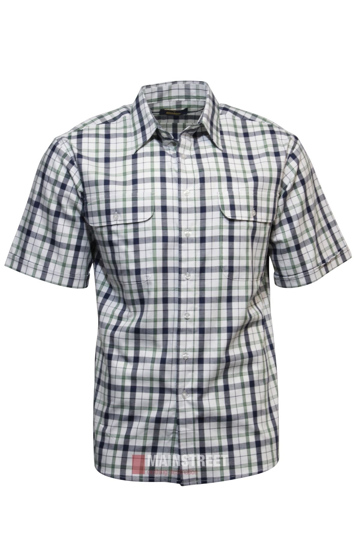 The Bisley Countryman Cotton Short Sleeve Shirt is a white, button-up work shirt with blue, green, and black plaid and two chest pockets with flaps.