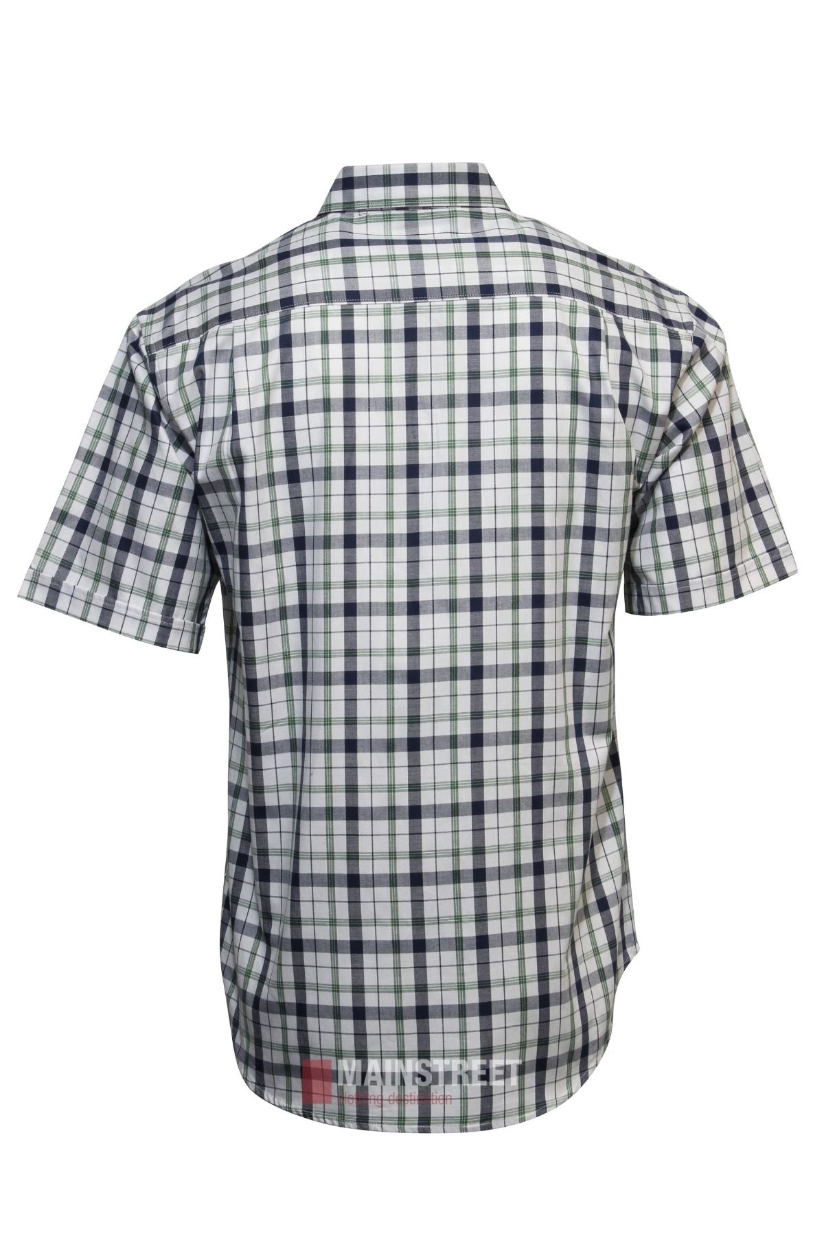 The Bisley Countryman Cotton Short Sleeve Shirt features a blue, black, and white plaid pattern and is displayed from the back against a white background.