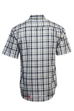 The Bisley Countryman Cotton Short Sleeve Shirt features a blue, black, and white plaid pattern and is displayed from the back against a white background.