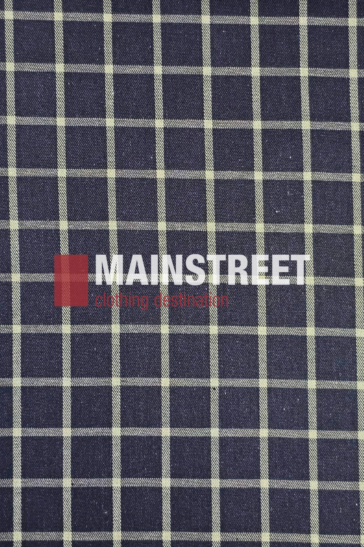 Navy blue fabric with a white checkered pattern, featuring "MAINSTREET clothing destination" in white and red across the center, reminiscent of the Bisley Countryman Cotton Short Sleeve Shirt.