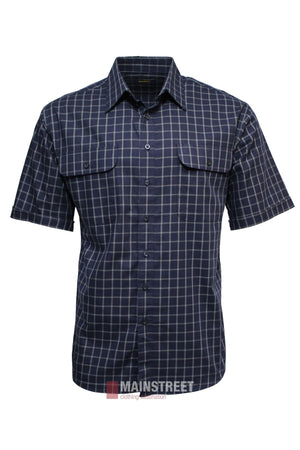 The Bisley Countryman Cotton Short Sleeve Shirt is a navy and white grid check, button-up with two chest pockets, collar, and short sleeves. Displayed on a plain white background.