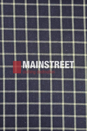 A navy blue Bisley fabric with a white check pattern. “MAINSTREET” appears in bold white text, with “clothing destination” below in red—an ideal backdrop for featuring the Bisley Countryman Cotton Shirt collection.