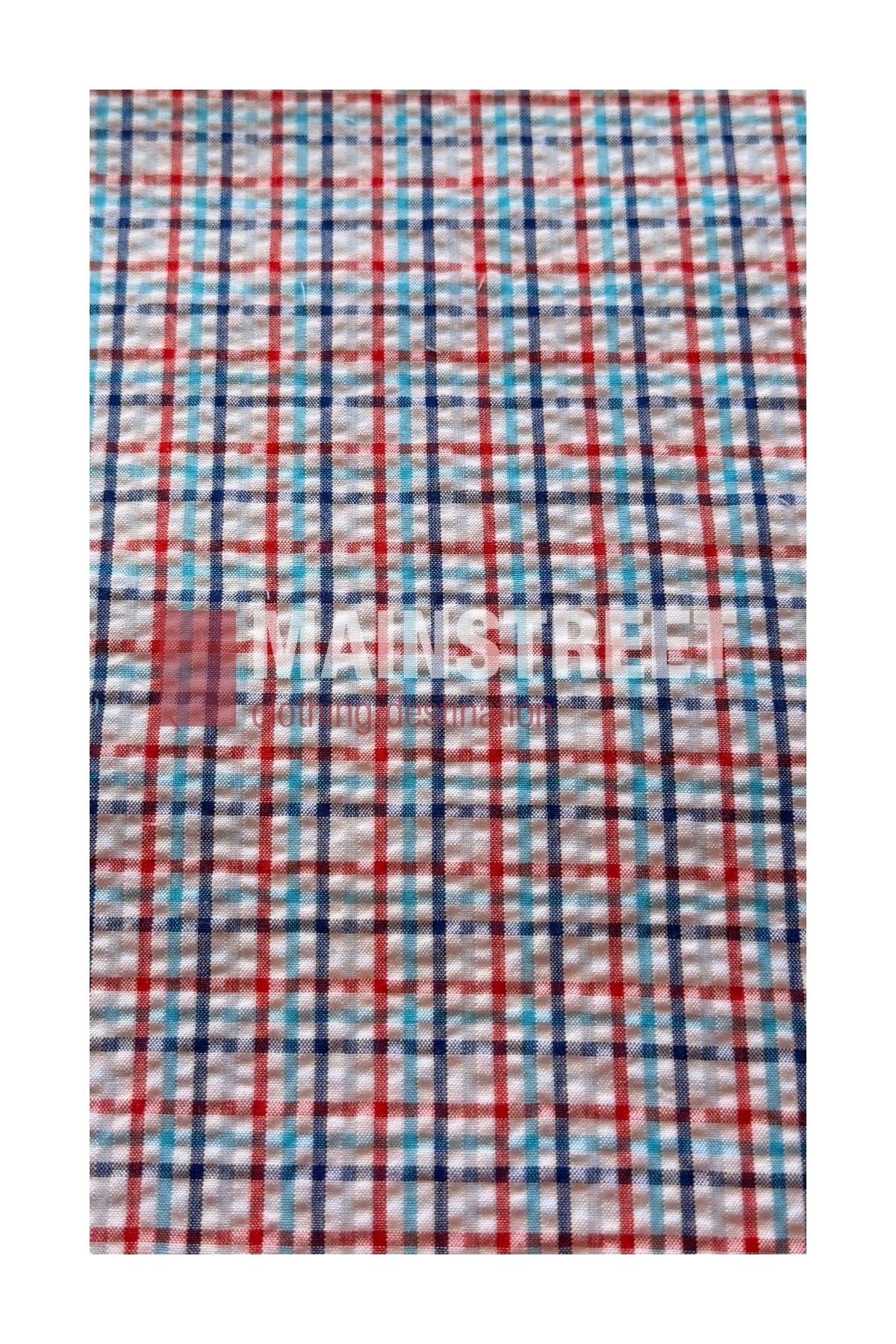 Plaid fabric with intersecting red, blue, and teal lines on a white background forms a grid of small squares—ideal for crafting the Bisley Countryman Seersucker Short Sleeve Shirt.