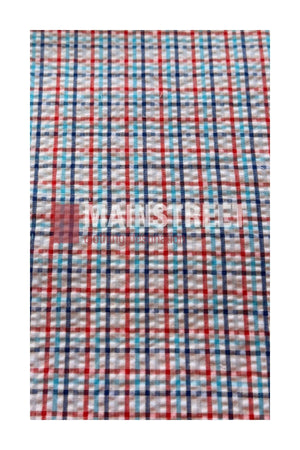 Plaid fabric with intersecting red, blue, and teal lines on a white background forms a grid of small squares—ideal for crafting the Bisley Countryman Seersucker Short Sleeve Shirt.