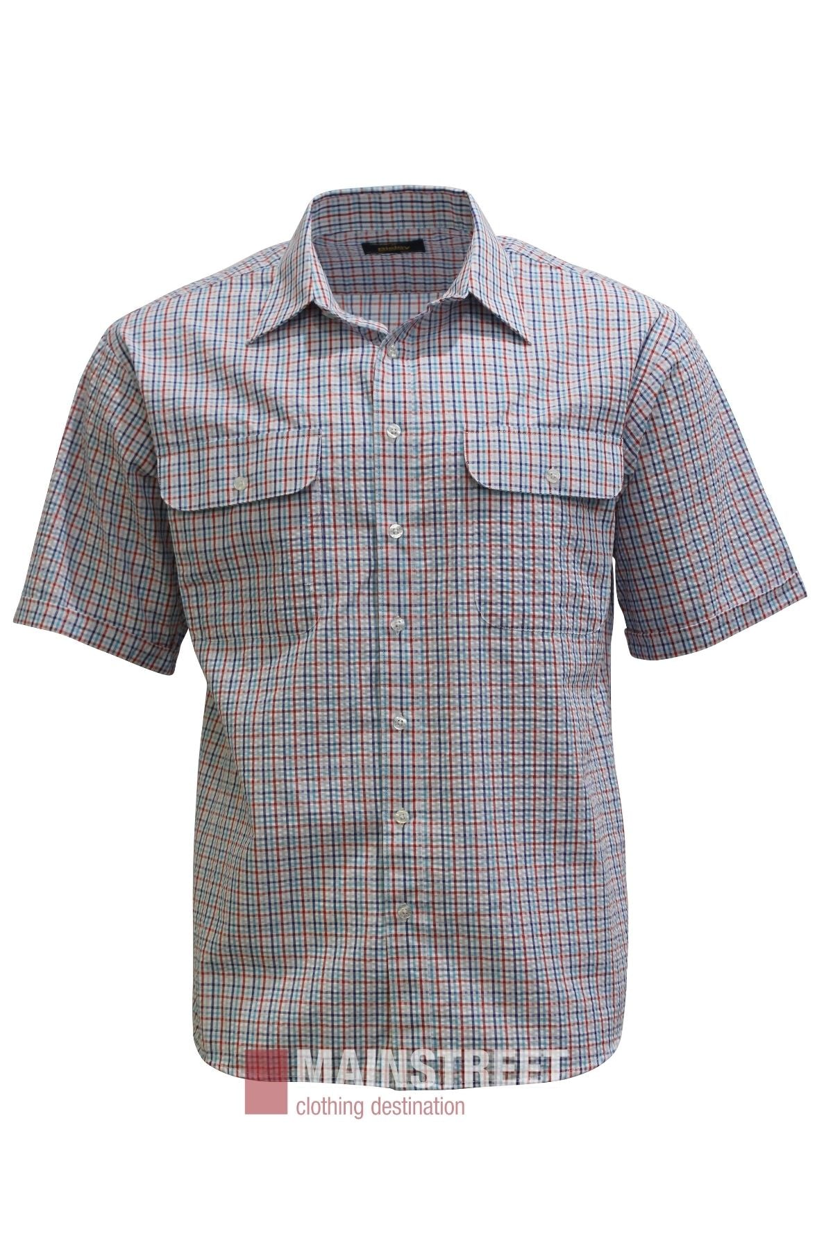 The Bisley Countryman Seersucker Short Sleeve Shirt features a red, blue, and white plaid pattern, short sleeves, a button-up front, two chest pockets with flaps, and a collar. It is displayed against a plain white background.
