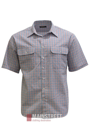 The Bisley Countryman Seersucker Short Sleeve Shirt features a red, blue, and white plaid pattern, short sleeves, a button-up front, two chest pockets with flaps, and a collar. It is displayed against a plain white background.