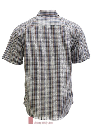 Back view of the Bisley Countryman Seersucker Short Sleeve Shirt, showcasing a blue, white, and brown plaid pattern. This polyester-cotton shirt features a classic collar and is displayed against a plain white background.