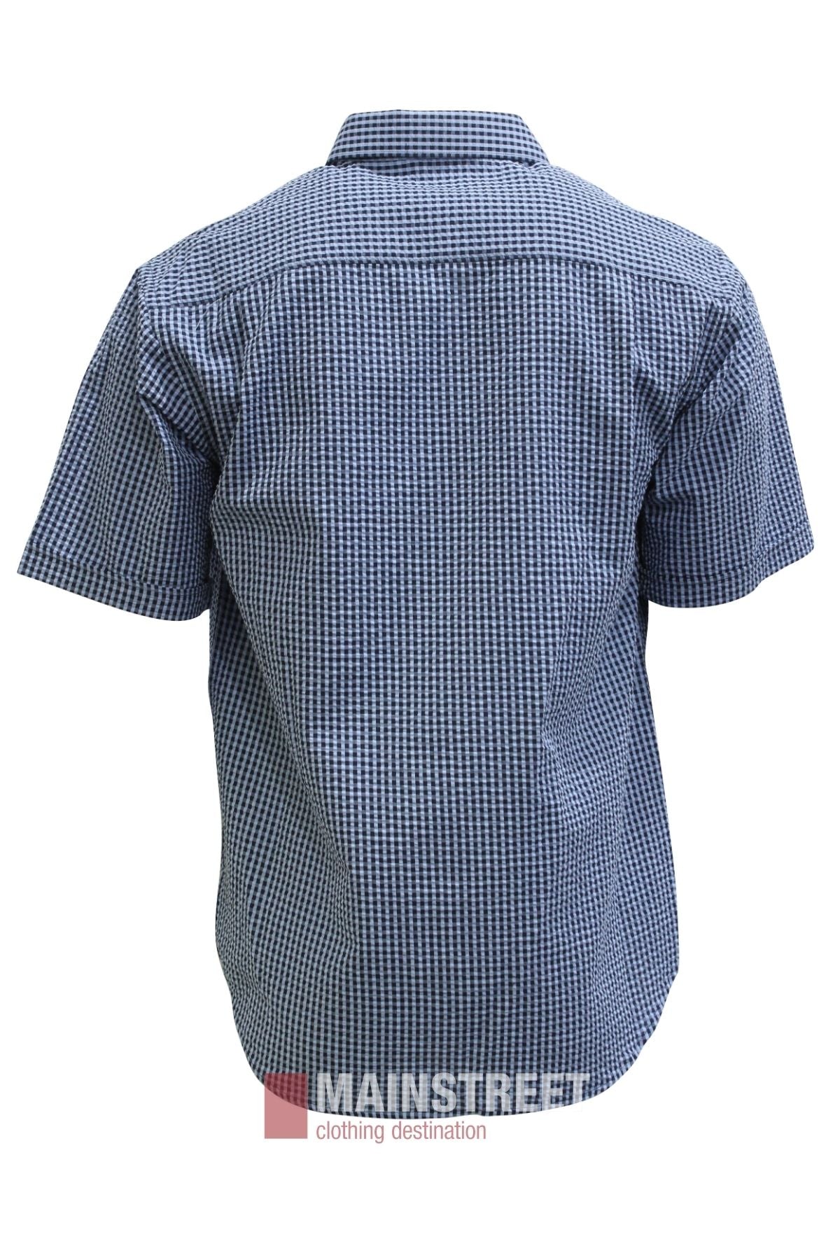 A Bisley Countryman Seersucker Short Sleeve Shirt, featuring a blue and white checkered pattern, is displayed from the back and laid flat on a white background. The Mainstreet Clothing Destination logo is visible at the bottom of the image.