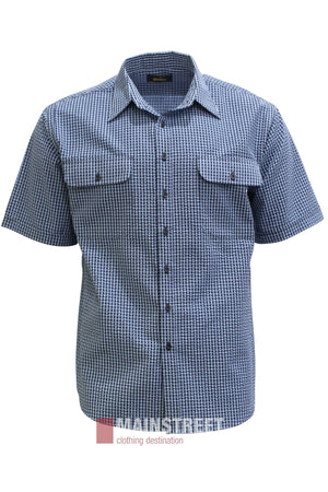 Bisley Countryman Seersucker Short Sleeve Shirt in blue and white checkered pattern, featuring two chest pockets, displayed on a white background.