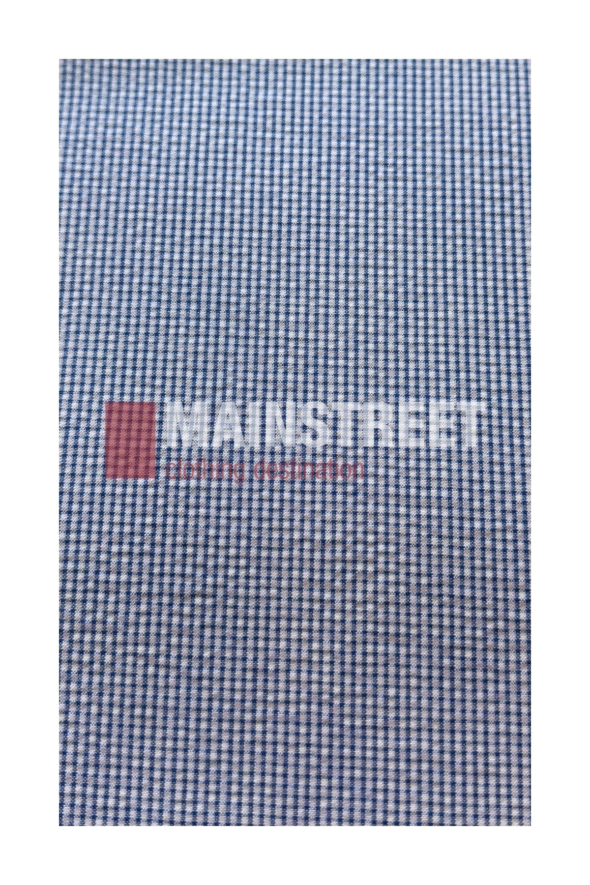 Close-up of blue and white gingham patterned fabric, reminiscent of a Bisley Countryman Seersucker Short Sleeve Shirt, with the logo “MAINSTREET trading company” overlaid in the center.