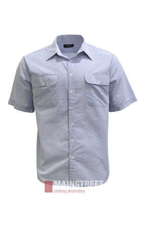 A short-sleeve, light blue checkered Bisley Countryman Seersucker Shirt—styled in the classic tradition with two front chest pockets—displayed on a white background. The MAINSTREET clothing destination logo appears at the bottom.