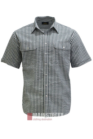 The Bisley Countryman Seersucker Short Sleeve Shirt features a black and white checkered pattern, two chest pockets, a button-up front, and a classic collar. This shirt is shown against a plain white background.