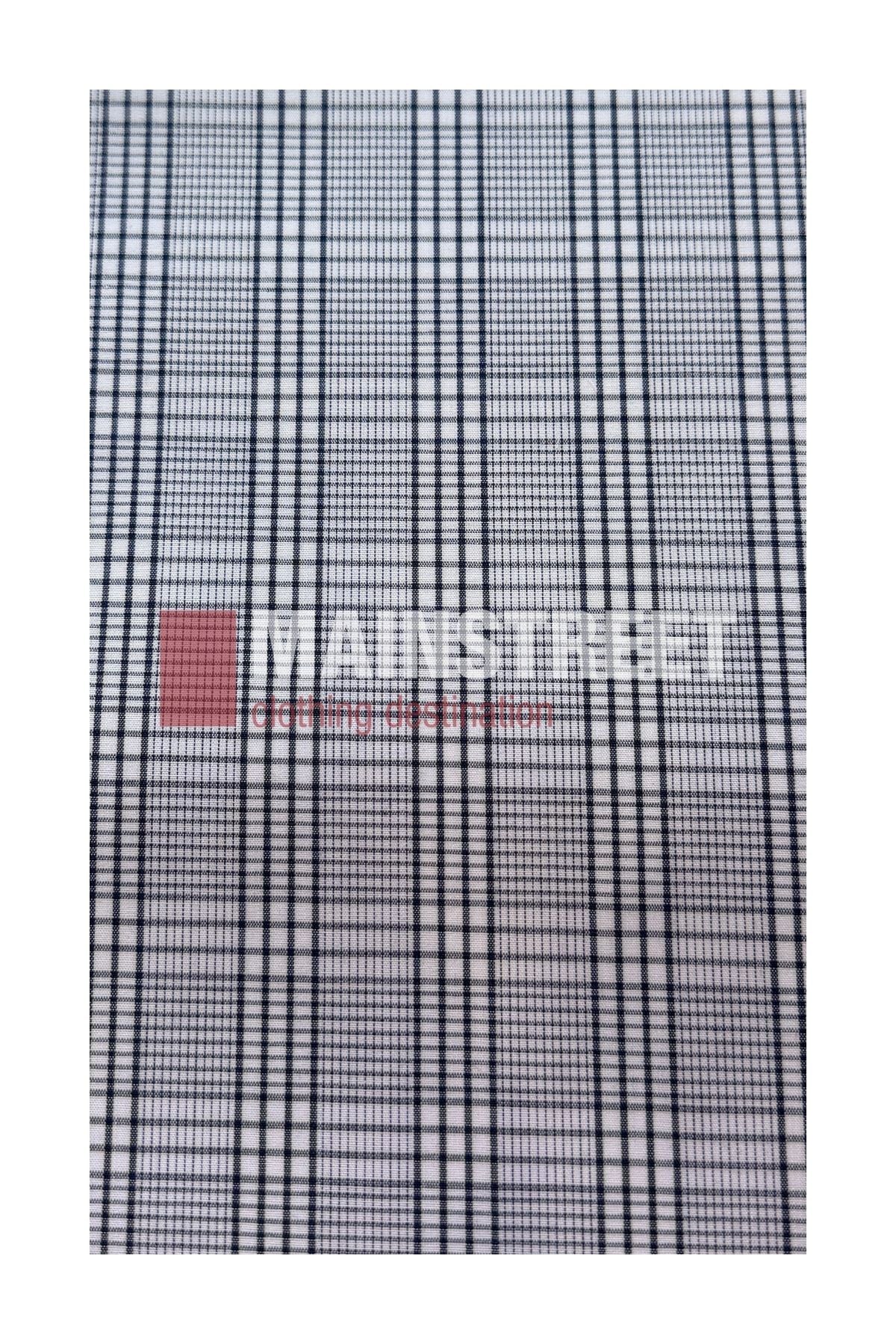 A close-up of a black and white plaid fabric pattern with intersecting vertical and horizontal lines, characteristic of the Bisley Countryman Short Sleeve Shirt; the word “MAINSTREET” appears faintly across the center.