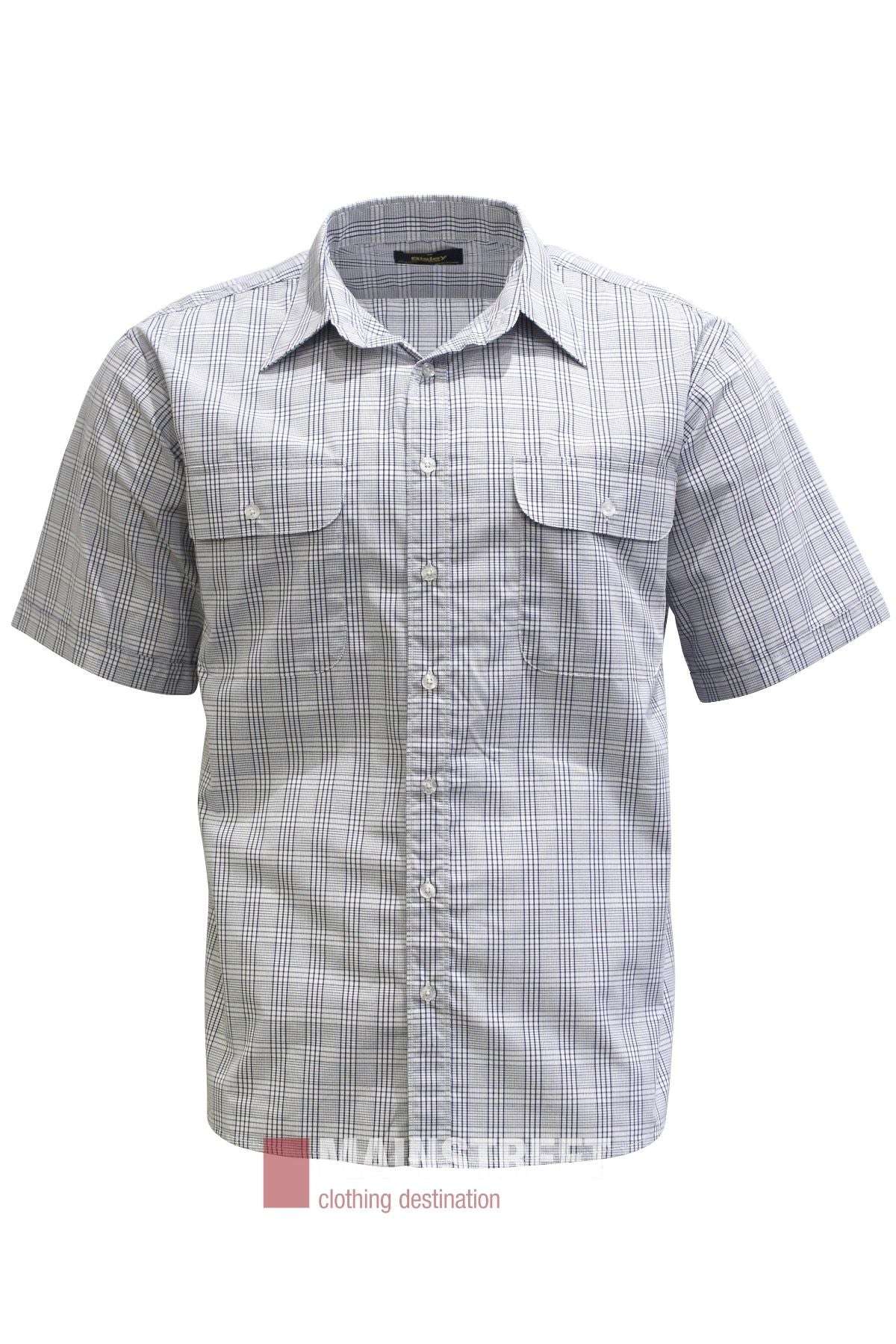 The Bisley Countryman Short Sleeve Shirt is a gray and white plaid, collared button-up featuring two chest pockets with flaps. Made from a durable Polyester/Cotton blend, this shirt is shown against a white background.