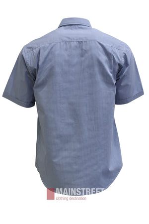 A Bisley Countryman Short Sleeve Shirt in blue, featuring a small checkered pattern and made from a durable Polyester/Cotton blend, displayed from the back on a white background. The “MAINSTREET clothing destination” logo appears at the bottom.