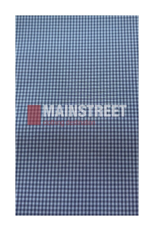 Blue and white gingham checkered fabric with the word “MAINSTREET” and smaller red text over a partially transparent red square, centered on the pattern. Inspired by the classic Bisley Countryman Short Sleeve Shirt, this design features a comfortable and durable polyester/cotton blend, offering timeless country style.