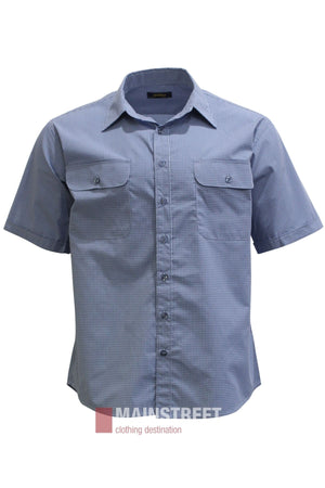 The Bisley Countryman Short Sleeve Shirt features a blue checkered pattern and a button-up front, crafted from a breathable polyester/cotton blend with two chest pockets. Displayed on a white background with the “Mainstreet clothing destination” logo at the bottom.