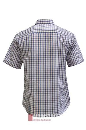 A Bisley Countryman Short Sleeve Shirt, featuring a blue and white checkered pattern and crafted from durable polyester cotton, is shown from the back on a plain white background.