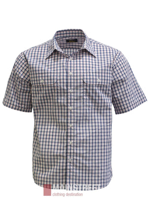 The Bisley Countryman Short Sleeve Shirt showcases a blue and white checkered design and is made from soft polyester cotton. It features two chest pockets and a folded collar, presented against a plain white background.