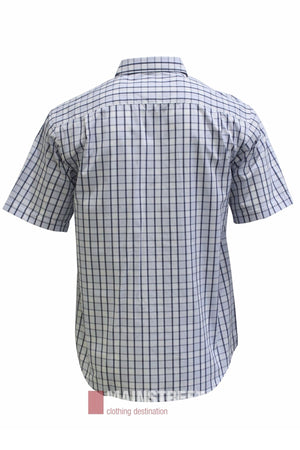 Bisley Countryman Short Sleeve Shirt with a blue and black plaid pattern, shown from the back against a white background. This shirt by Bisley features classic styling and practical buttoned chest pockets (not visible from the back view).