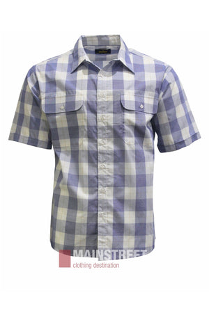 The Bisley Countryman Short Sleeve Shirt, showcased on a white background, features a blue and white plaid pattern. This button-up shirt is crafted from durable polyester cotton and designed with two front chest pockets secured by buttons.