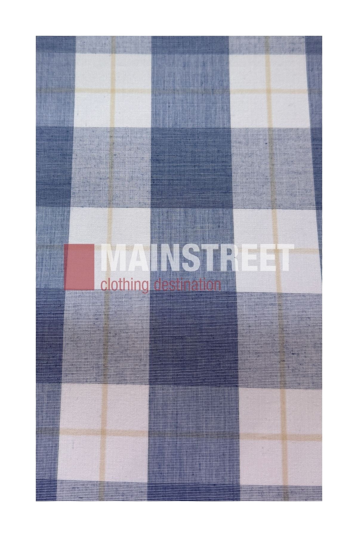 Blue, gray, and white plaid fabric pattern with “MAINSTREET clothing destination” printed in white and red text over the fabric—perfect for a classic Bisley Countryman Short Sleeve Shirt.