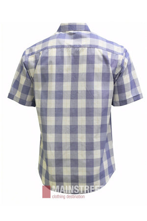 The image displays the Bisley Countryman Short Sleeve Shirt from the back, featuring a blue and white checkered pattern. Made from a durable polyester cotton blend, this button-up shirt offers both comfort and practicality. The “MAINSTREET clothing destination” logo is visible at the bottom of the image.