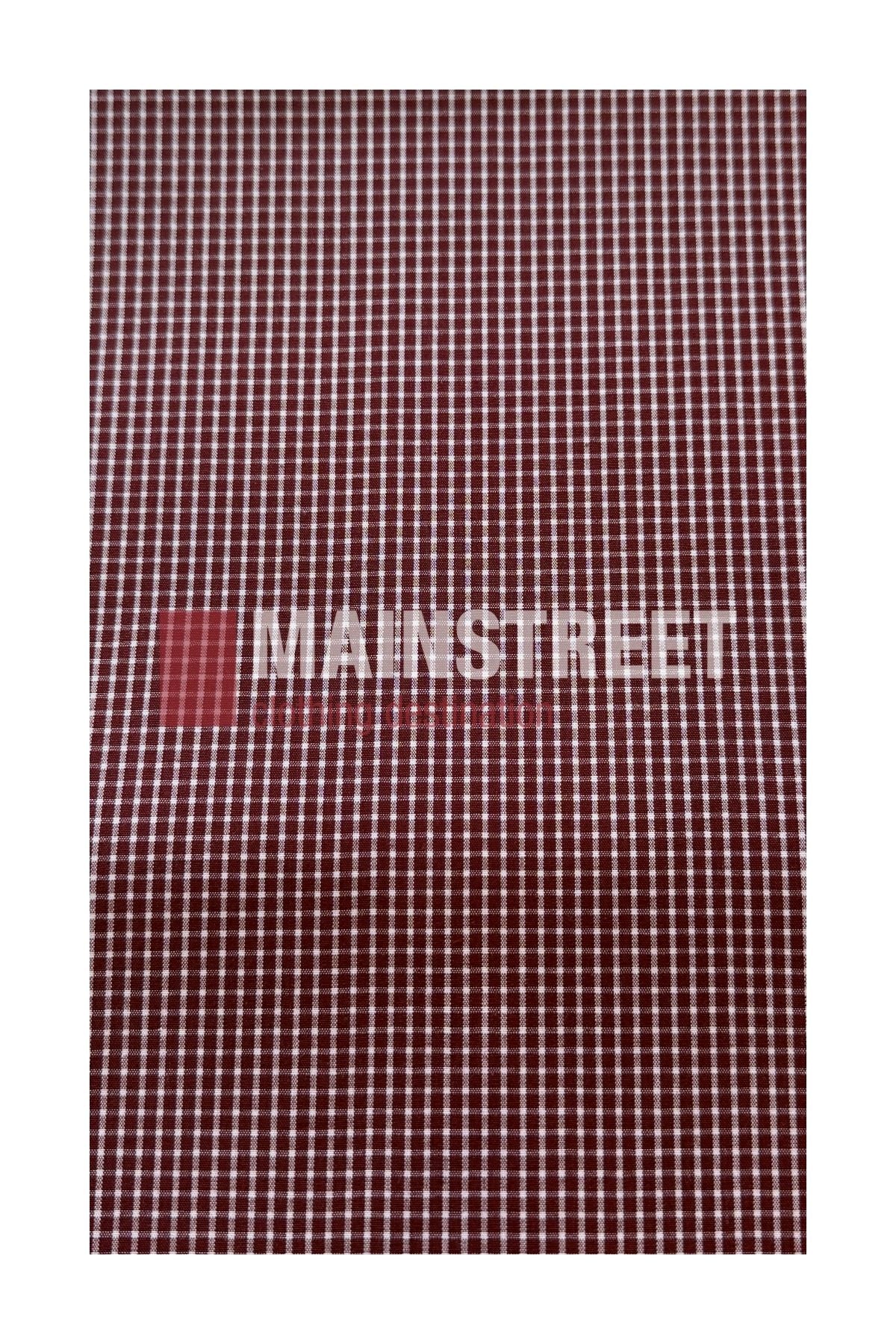 Maroon fabric with a small white checkered pattern, featuring the word “MAINSTREET” subtly overlaid in the center—crafted from a durable Polyester/Cotton blend for long-lasting comfort, inspired by the classic Bisley Countryman Short Sleeve Shirt.