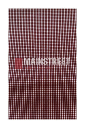 Maroon fabric with a small white checkered pattern, featuring the word “MAINSTREET” subtly overlaid in the center—crafted from a durable Polyester/Cotton blend for long-lasting comfort, inspired by the classic Bisley Countryman Short Sleeve Shirt.