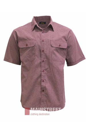 The Bisley Countryman Short Sleeve Shirt features a red and white small checkered pattern, a button-up front, short sleeves, chest pockets, and a collar. Crafted from a durable polyester/cotton blend, it is displayed against a white background.