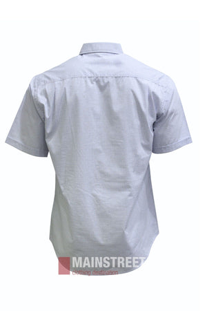 Back view of a short-sleeved, light blue checkered Bisley Countryman Short Sleeve Shirt made from polyester cotton, displayed on a white background, with “MAINSTREET clothing destination” text at the bottom.