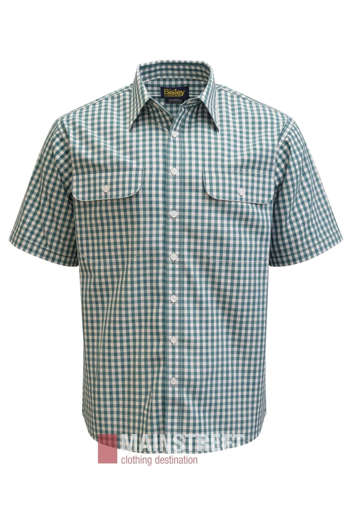The Bisley Countryman Short Sleeve Shirt is crafted from a durable polyester/cotton blend and features a green and white checkered pattern, short sleeves, two chest pockets, and white buttons. It is displayed against a plain white background.