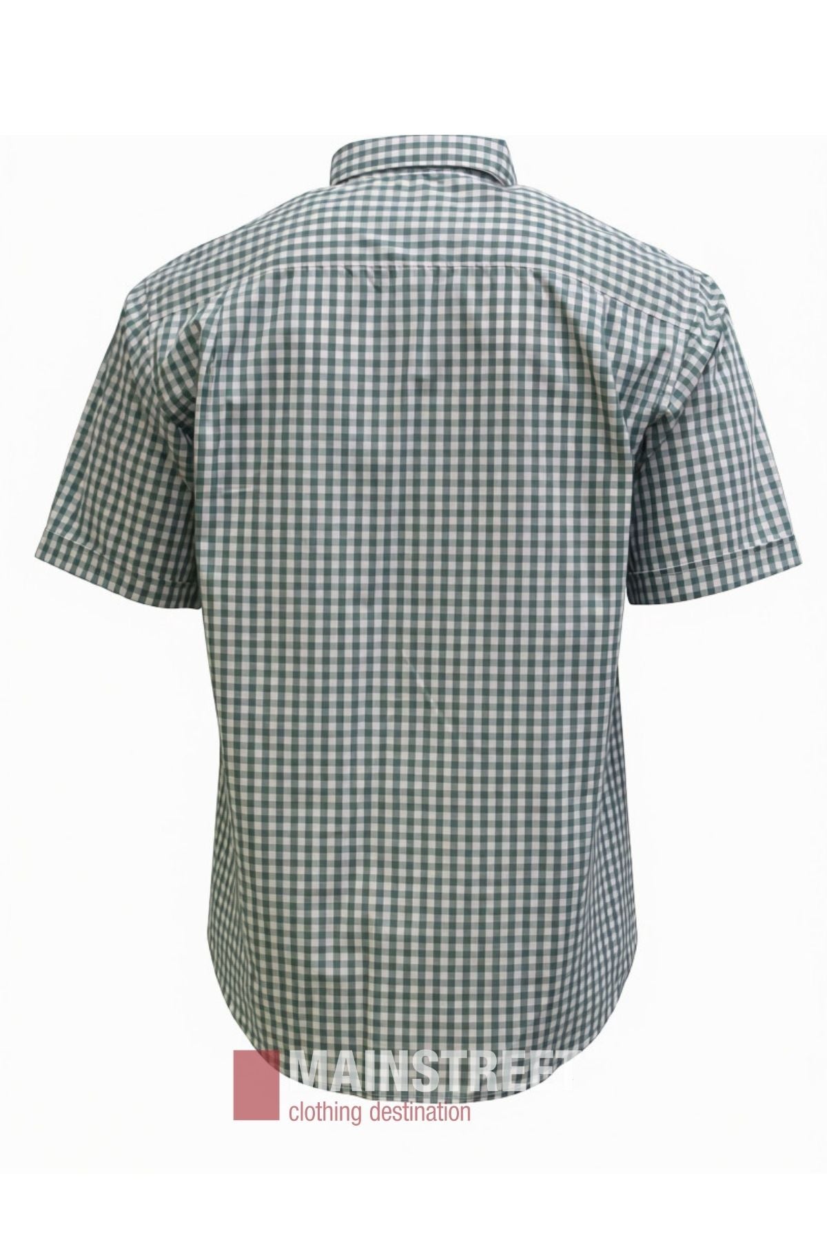 Back view of the Bisley Countryman Short Sleeve Shirt, featuring a green and white checked pattern and crafted from a comfortable polyester/cotton blend. The Mainstreet Clothing destination logo appears at the bottom of the image.