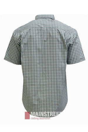 Back view of the Bisley Countryman Short Sleeve Shirt, featuring a green and white checked pattern and crafted from a comfortable polyester/cotton blend. The Mainstreet Clothing destination logo appears at the bottom of the image.