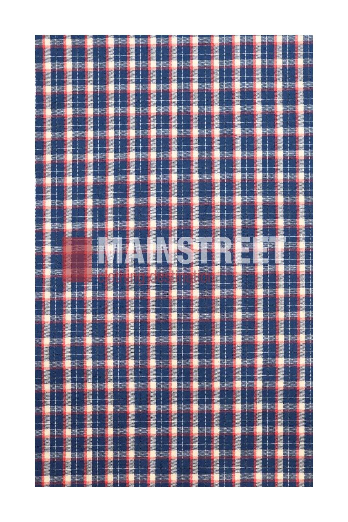 Blue, white, and red checkered fabric pattern with evenly spaced squares, characteristic of the Bisley Countryman Short Sleeve Shirt. The words “MAINSTREET” along with smaller text are visible in the center of the image, suggesting a high-quality polyester/cotton blend construction.