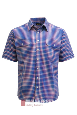 The Bisley Countryman Short Sleeve Shirt is a button-up with short sleeves, showcasing a blue and red checkered design. It features a collar and two buttoned chest pockets, crafted from a comfortable polyester-cotton blend, and is displayed on a plain white background.