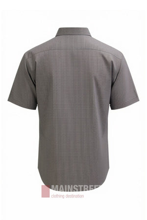 Back view of the Bisley Countryman Short Sleeve Shirt in gray checkered pattern on a plain white background. The shirt features a folded collar and minimal visible texture, crafted from comfortable polyester-cotton fabric.
