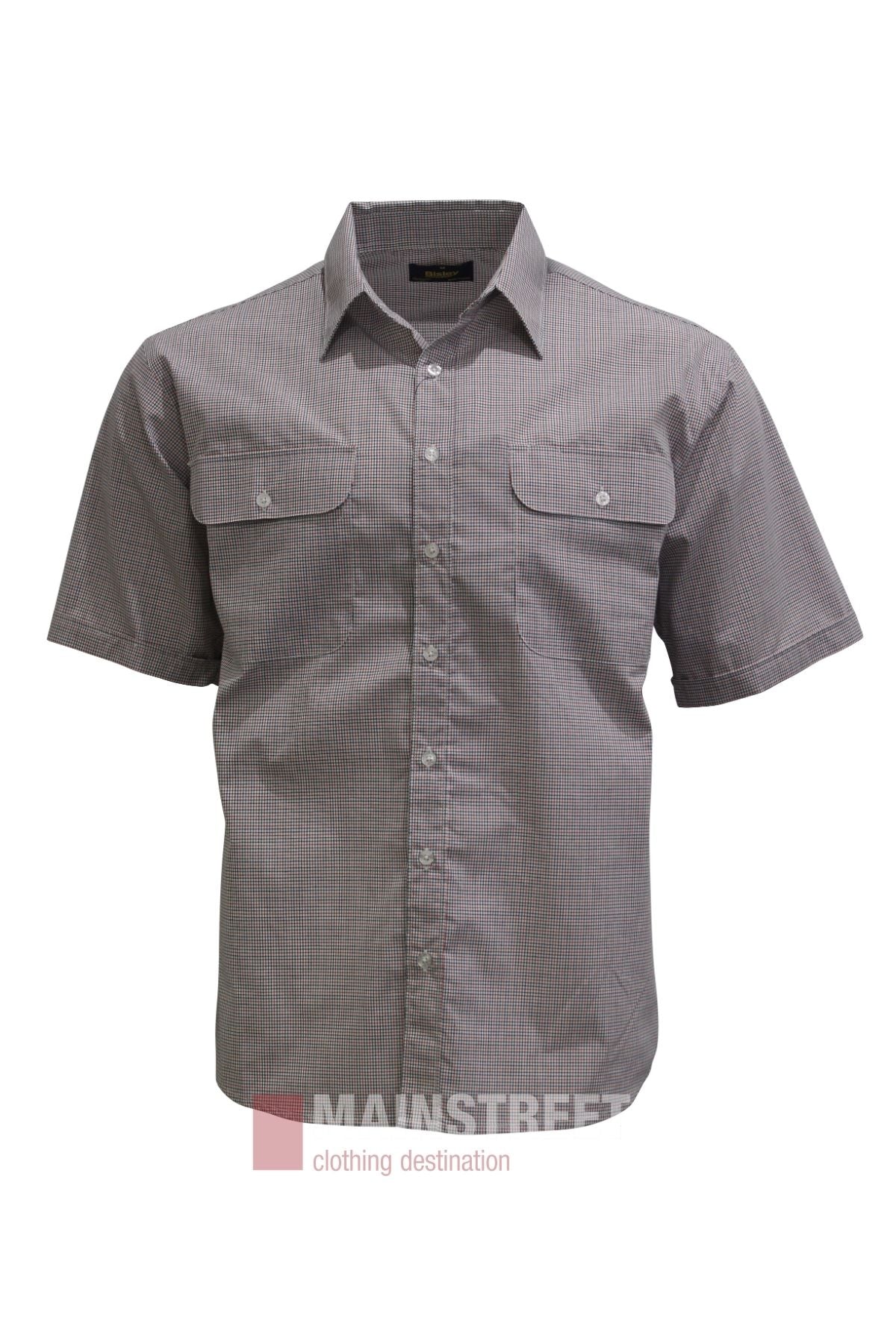 Bisley Countryman Short Sleeve Shirt—a button-up gray plaid shirt with short sleeves and two front chest pockets, made from a comfortable polyester-cotton blend—displayed on a white background. The “MAINSTREET clothing destination” logo appears at the bottom.