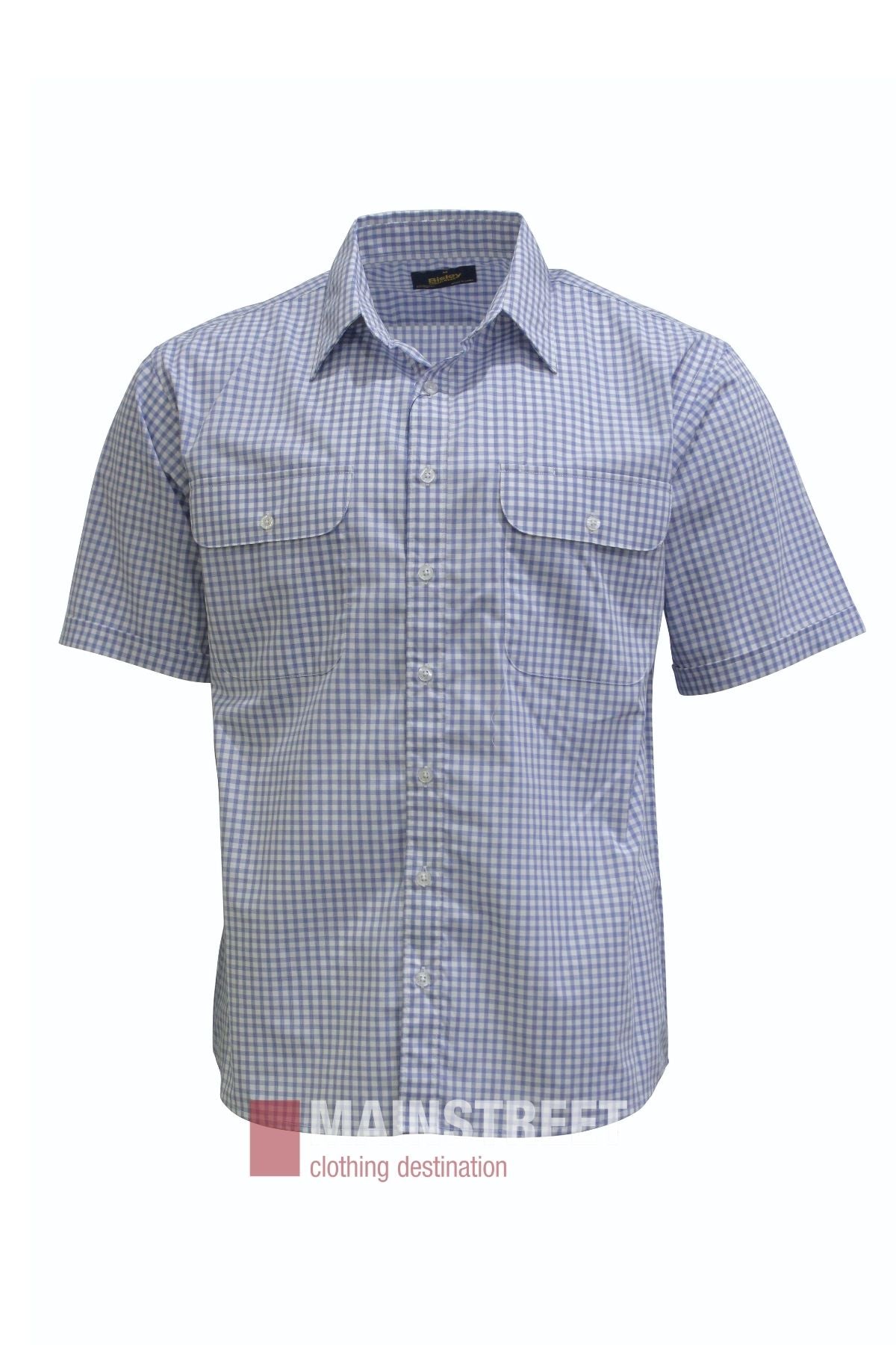 The Bisley Countryman Short Sleeve Shirt is a short-sleeved, button-up shirt with a blue and white checkered pattern, made from a durable polyester/cotton blend and featuring two chest pockets, shown against a plain white background.