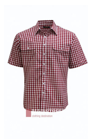 The Bisley Countryman Short Sleeve Shirt is a red and white checkered, short-sleeve shirt featuring a collar, two chest pockets, and white buttons. Crafted from a durable polyester/cotton blend, it is shown on a white background.