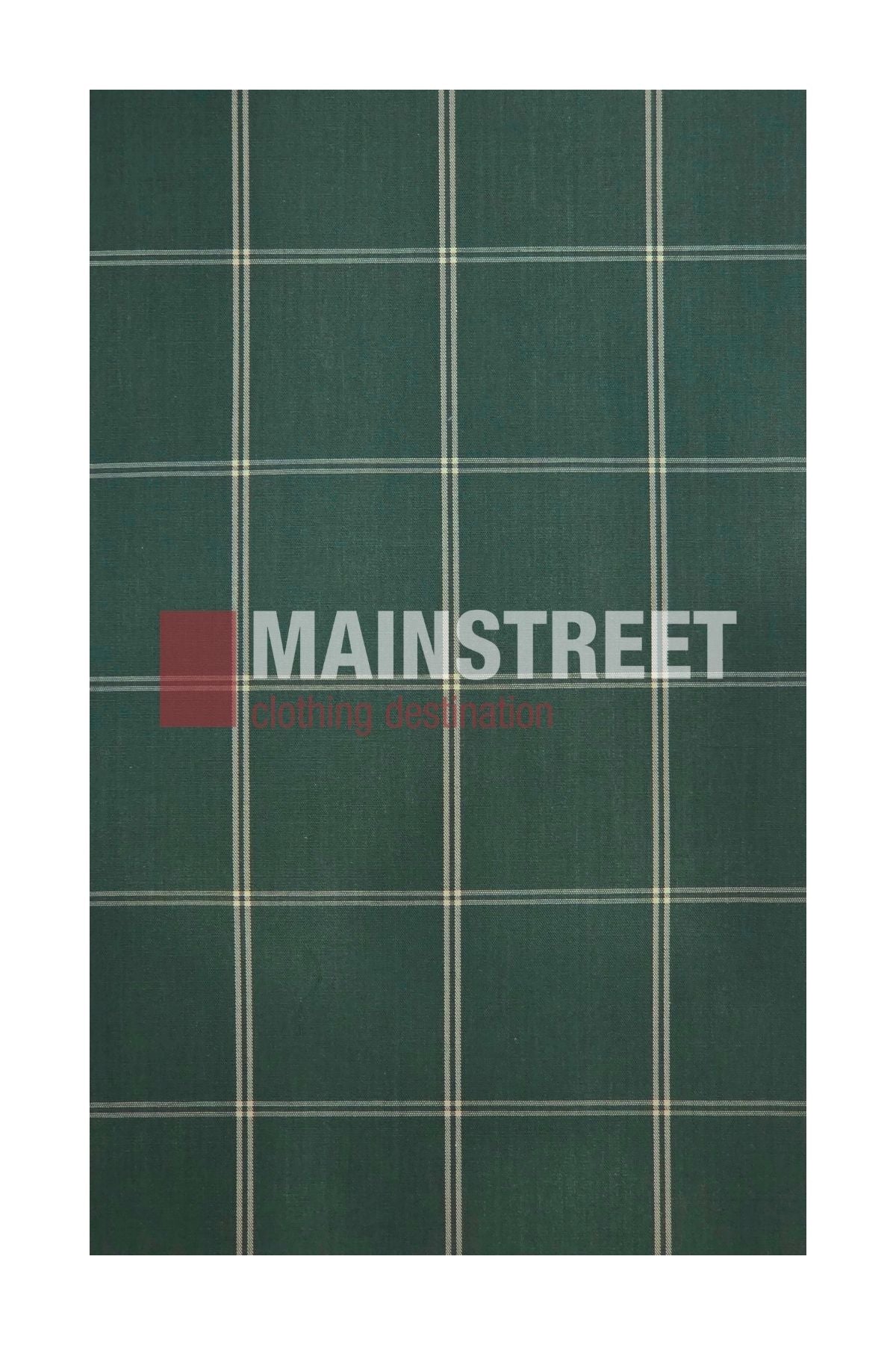 Green fabric with a white grid pattern, reminiscent of the Bisley Countryman Short Sleeve Shirt. Overlaid text reads “MAINSTREET” in bold white letters, with “clothing destination” in smaller red below. To the left is a solid red square. The material—a durable Polyester Cotton blend similar to those used by Bisley—offers comfort and style for any occasion.
